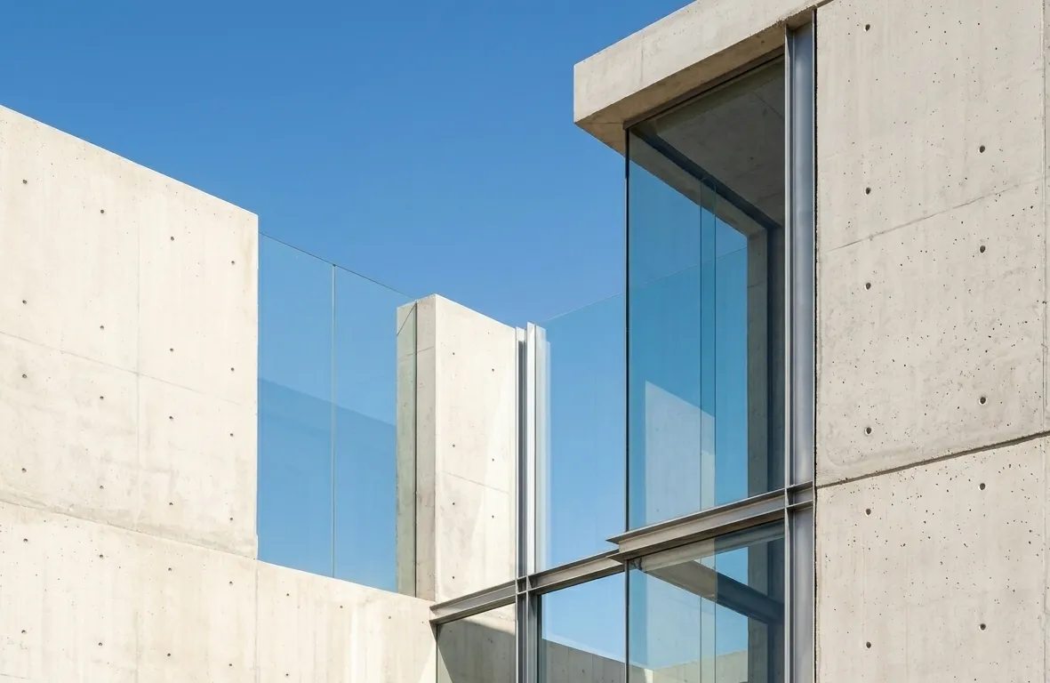 Concrete and glass building under blue sky representing custom AI systems