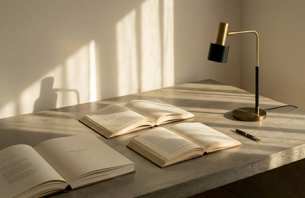 Sunlit books on a desk with a warm lamp, representing knowledge and learning