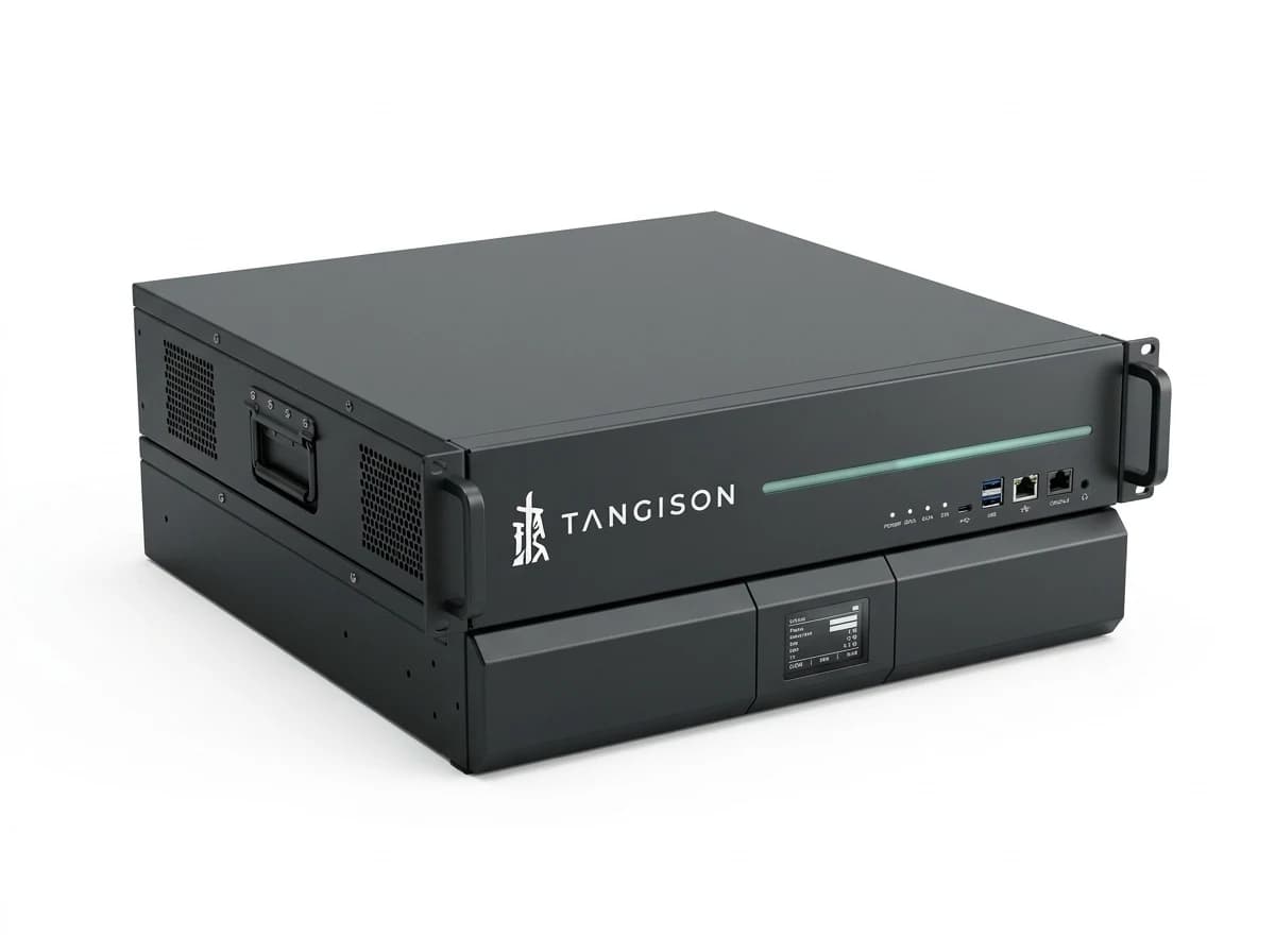 Illustrative: an offline-first edge server and UPS telemetry unit with status lights