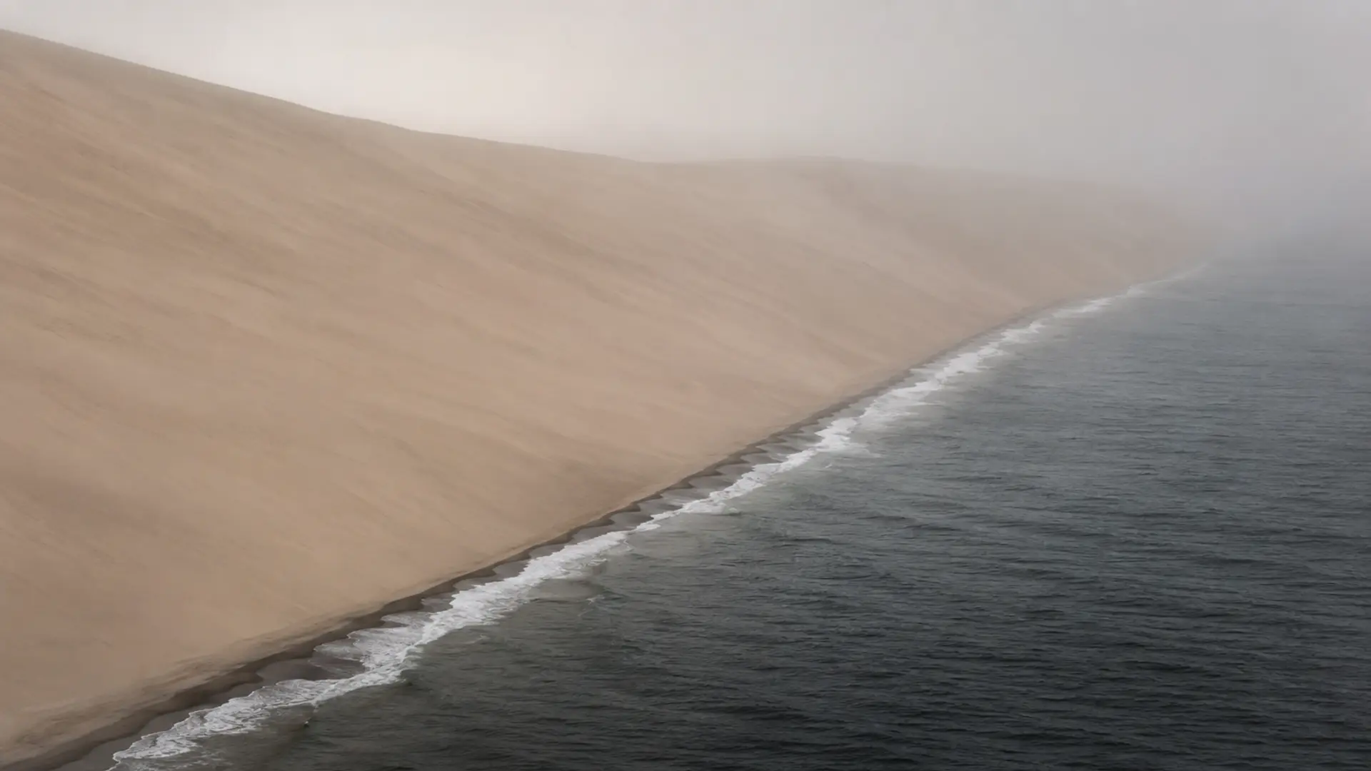 The Namib Desert meeting the Atlantic Ocean through coastal fog on the Skeleton Coast