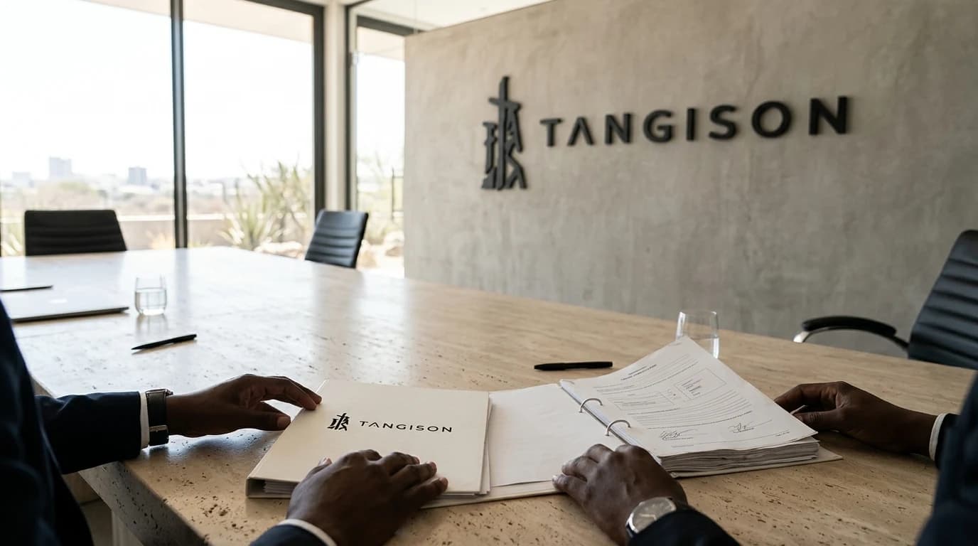 Black executives reviewing a Tangison Technologies ICT tender specification dossier at the Windhoek headquarters boardroom