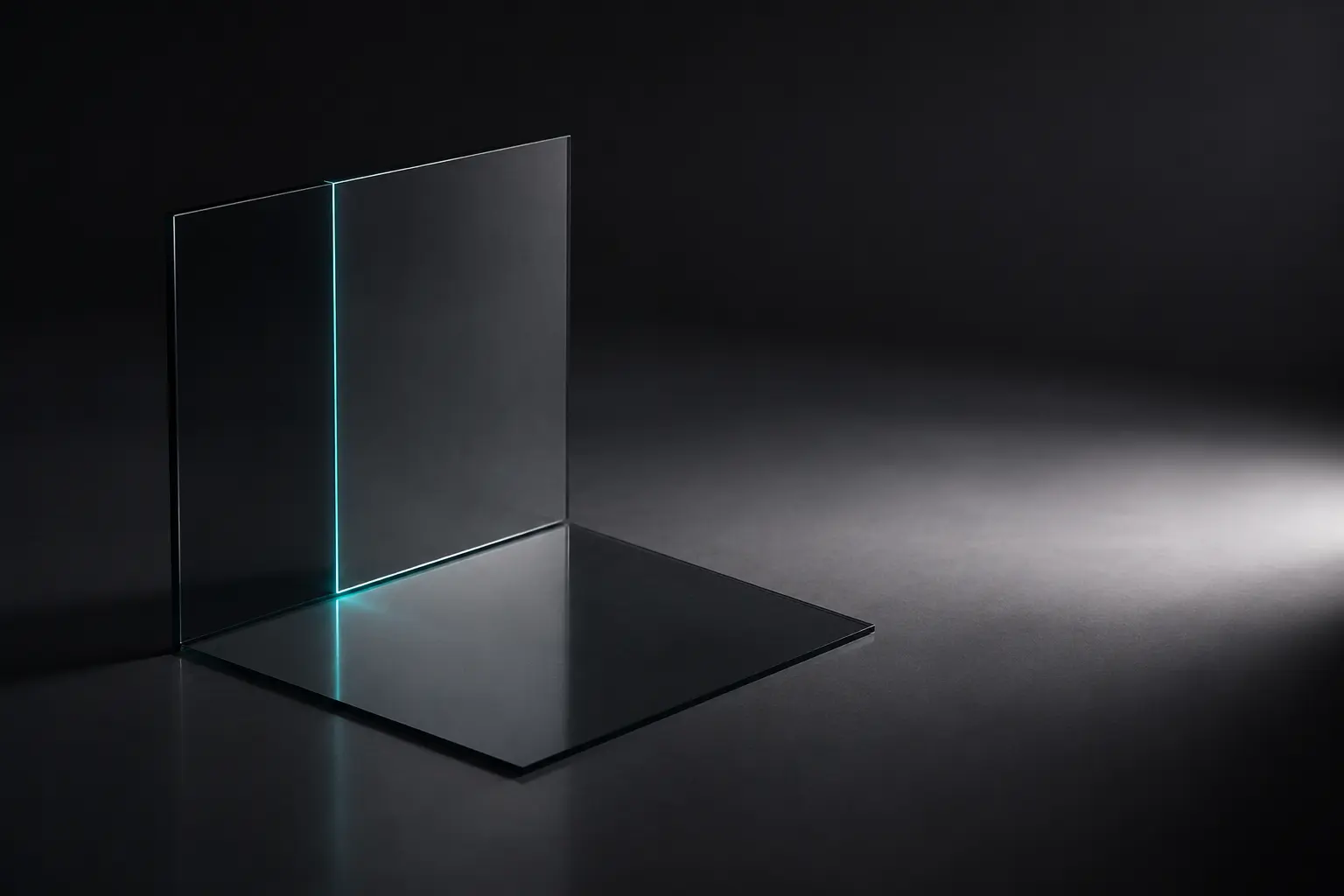 Intersecting smoke-glass planes joined by a precise teal seam