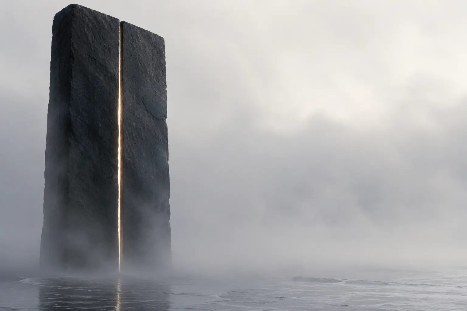 A dark stone monolith with a narrow light seam emerging through coastal fog