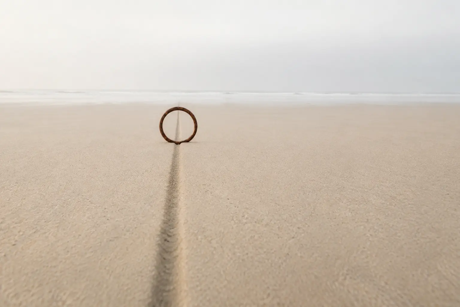 A weathered metal ring aligned with one line across pale coastal sand