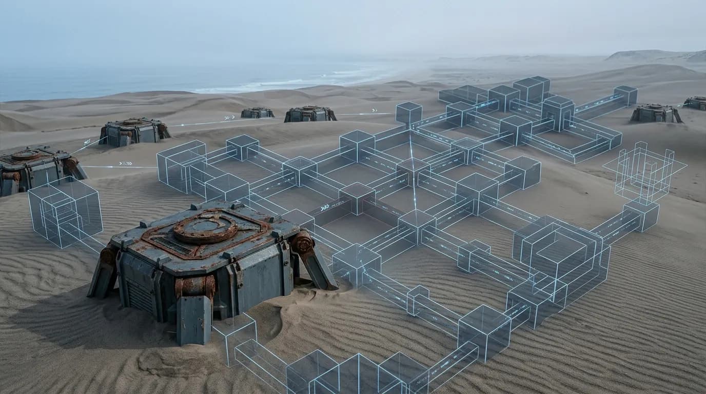 Ruggedised sensor nodes linked across coastal dunes by a glowing wireframe mesh