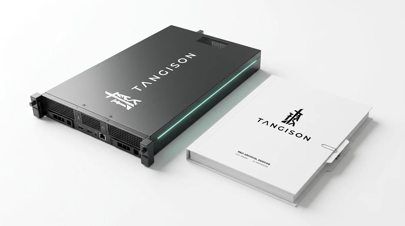 Illustrative artwork for the field-condition research line: a self-hosted AI server blade beside a printed R&D archival dossier
