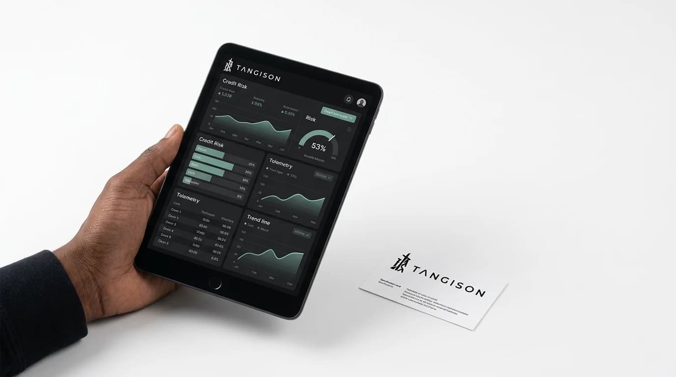 Illustrative artwork for the R&D portfolio: a tablet carrying the Hola Credit risk telemetry interface beside a specification card