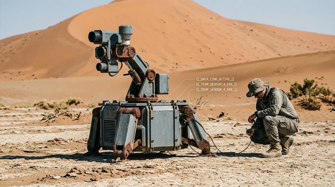A field technician services a ruggedised sensor unit in the Namib dunes, data link status annotations rising from the hardware