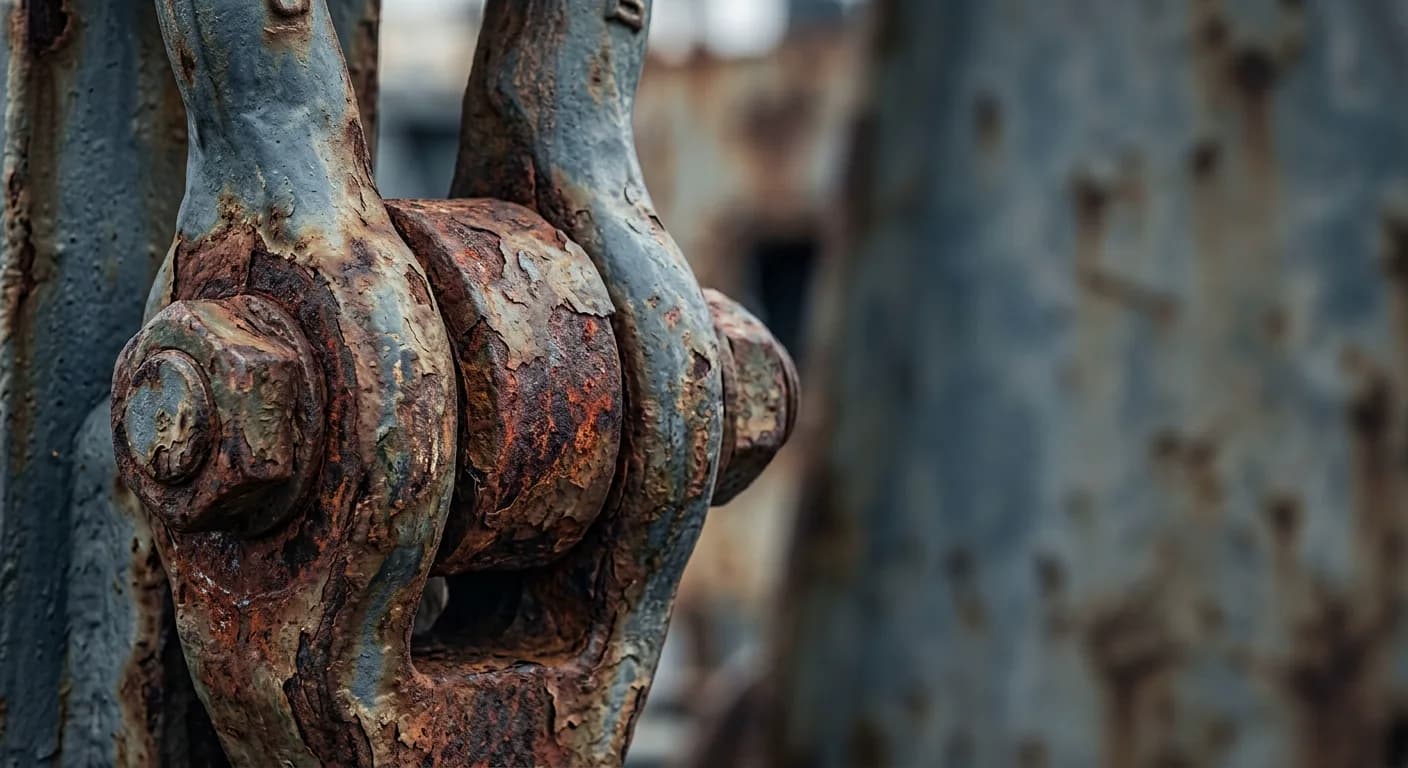 Close view of a salt-worn steel shackle and bolt, rusted at the joints and still holding its load