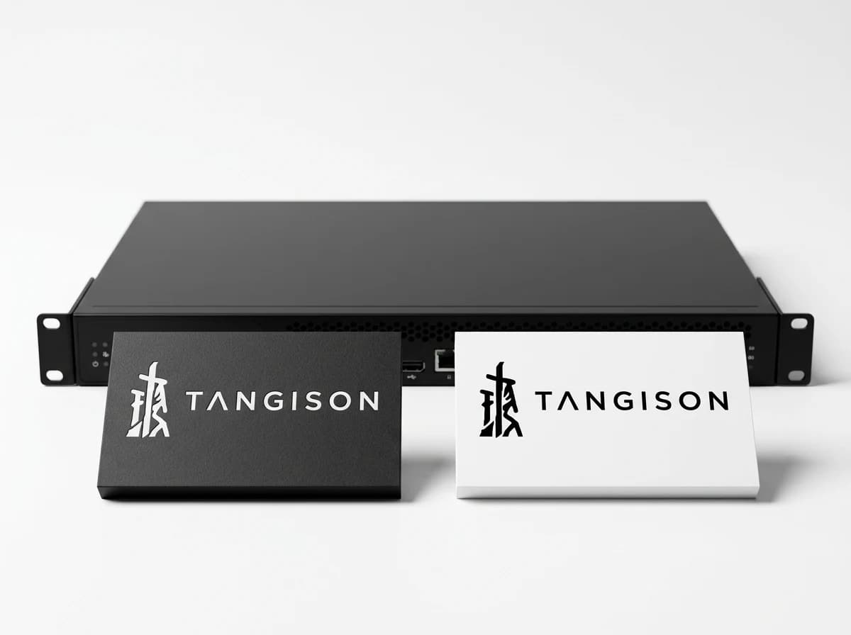 Illustrative brand plate showing the inversion standard: white logo on charcoal hardware, black logo on pure white, beside network equipment