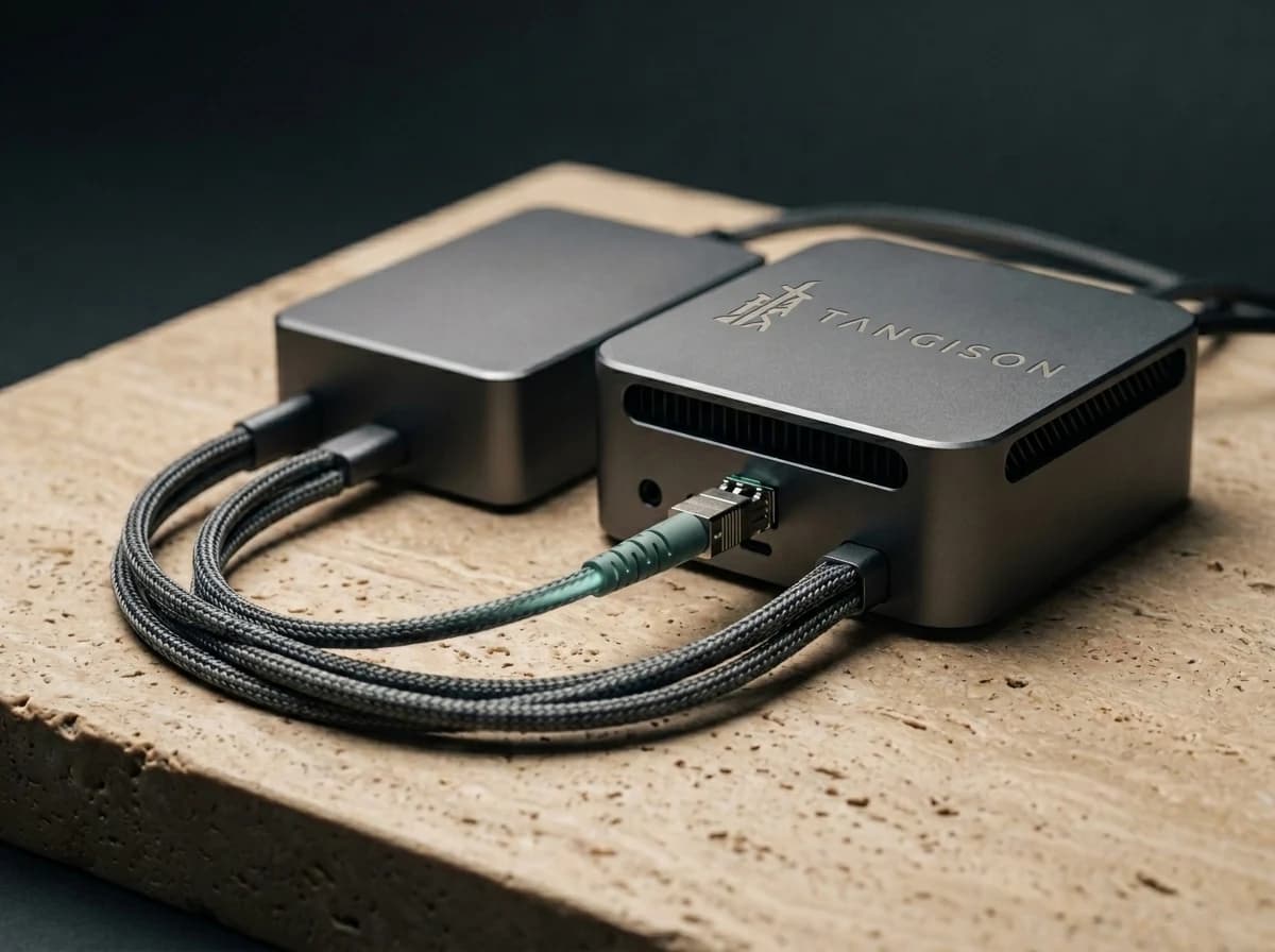 Illustrative: a self-hosted on-premise AI compute workstation with braided fiber cabling