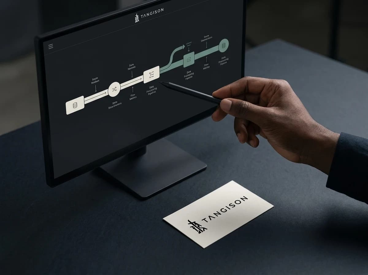 Illustrative: a data pipeline flow on a dark monitor beside a white system card