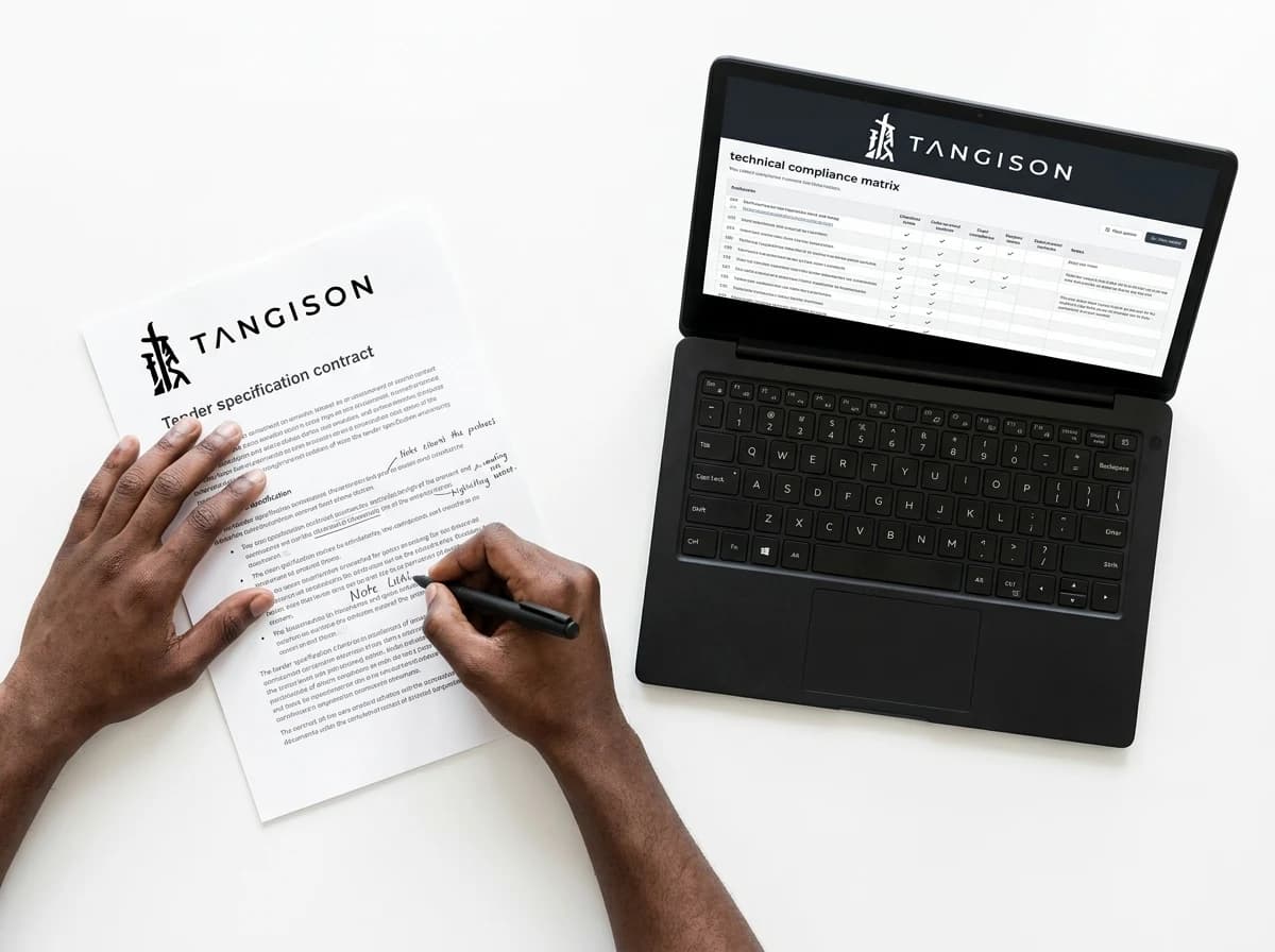 Illustrative: an annotated tender specification contract beside a compliance matrix laptop