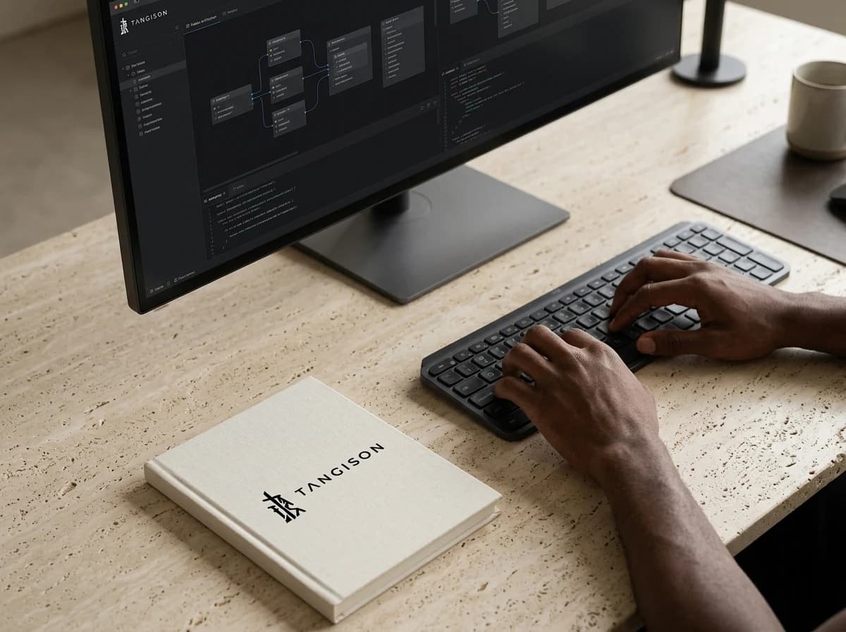 Illustrative: a custom software engineering workbench with code on a dark monitor