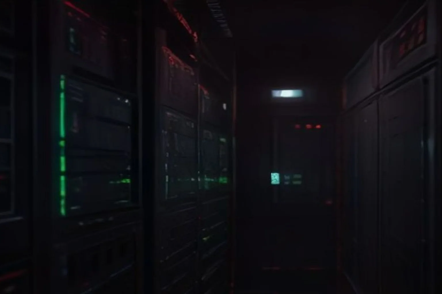 A dark equipment aisle lined with network appliances, rows of red and green status lights marking the traffic that passes