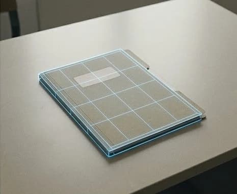 A field document outlined as a glowing blue wireframe on desert sand